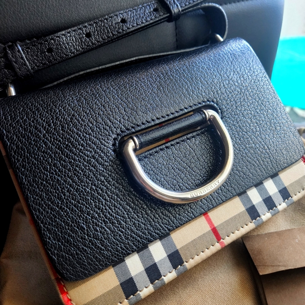 BURBERRY Goatskin Vintage Check Mini D-Ring Bag Black
